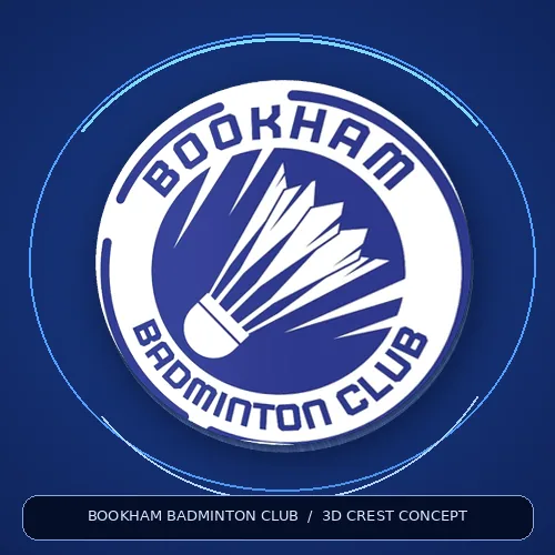 Animated 3D treatment of the original Bookham Badminton Club crest, gently tilting as the surrounding light ring changes shape