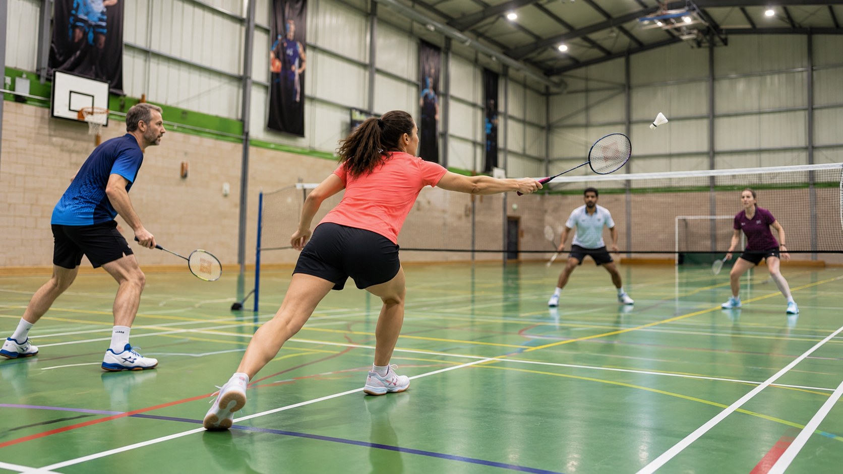 Illustrative doubles badminton rally on a green indoor sports floor; players wear different coloured shirts